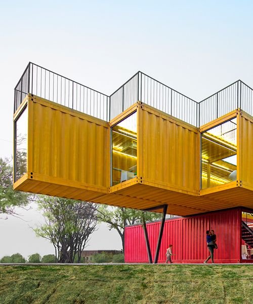 Shipping containers stacked at a freight terminal